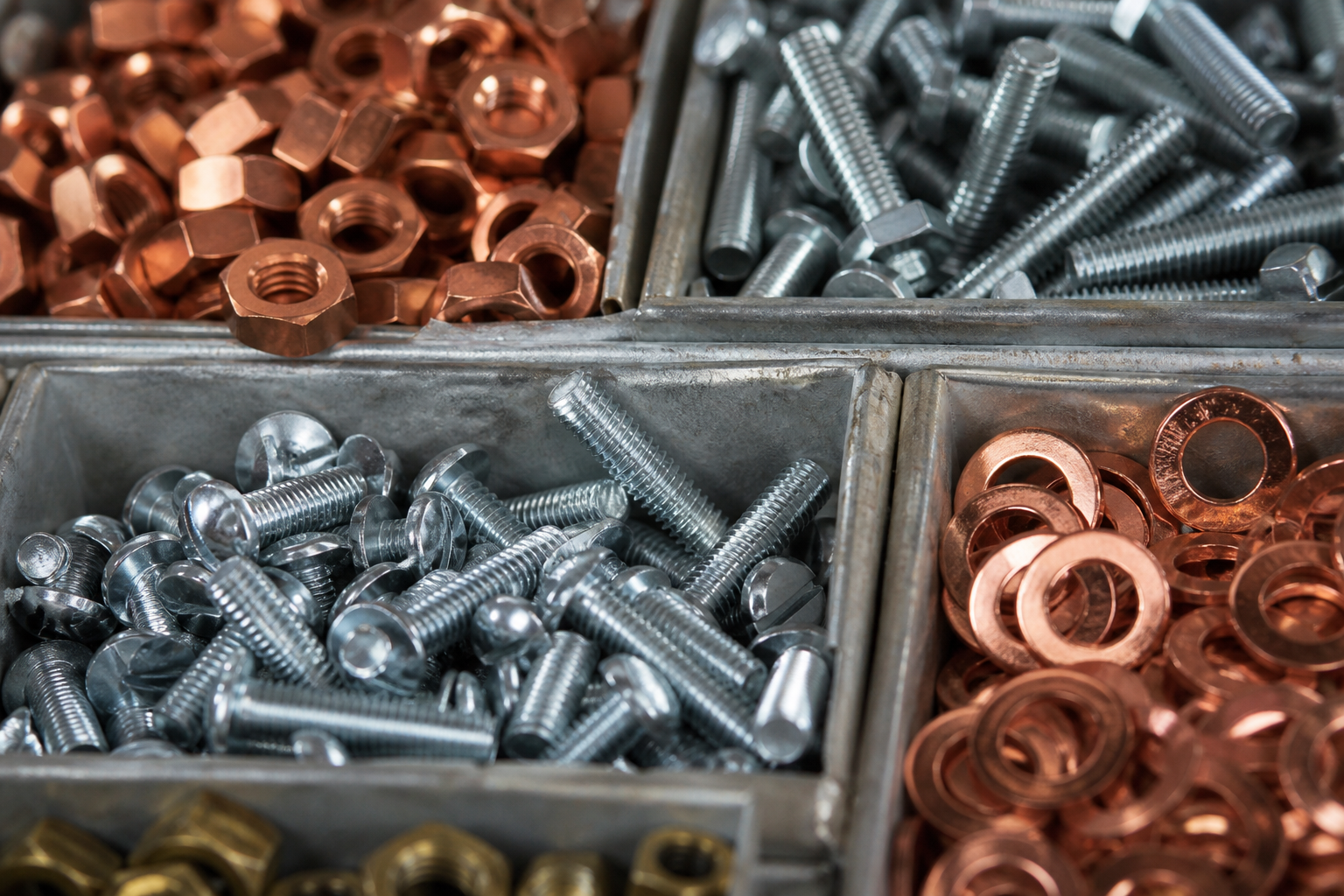 Tornillos, tuercas y arandelas en cajones de metal